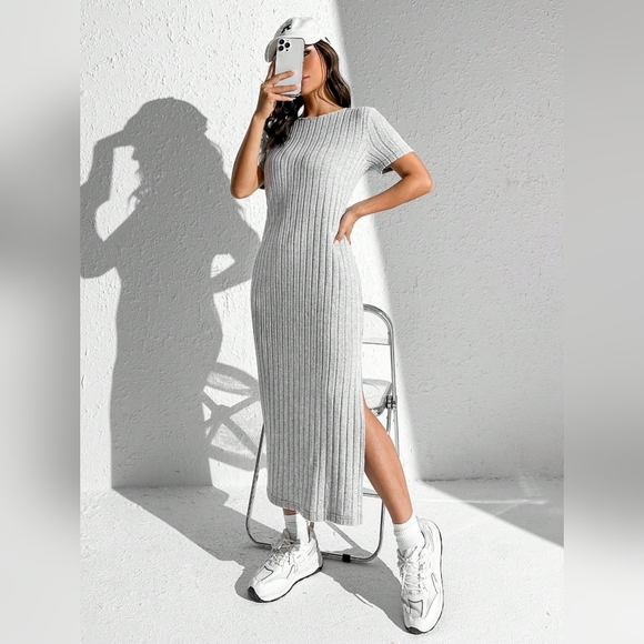 Summer Solid Split Thigh Ribbed Knit Tee Dress - Picture 2 of 4